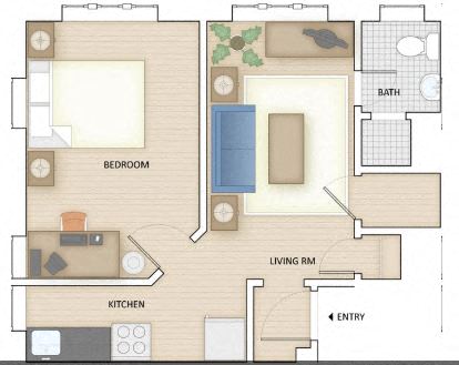 Floor plan for 1 bed, 1 bath, 500 sqft